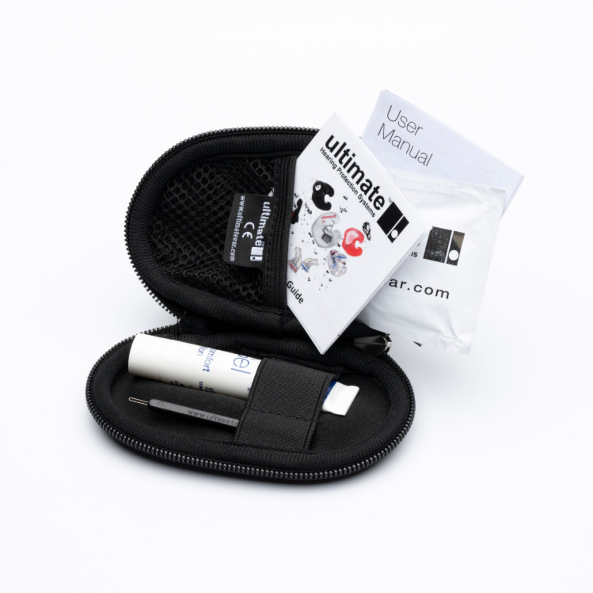 Black carrying case with a handheld device and user manual on a white background