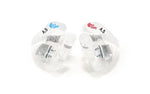 Two clear in-ear monitors with silver internal components and small blue and red logo stickers, labeled 'A.S' on a plain white background.