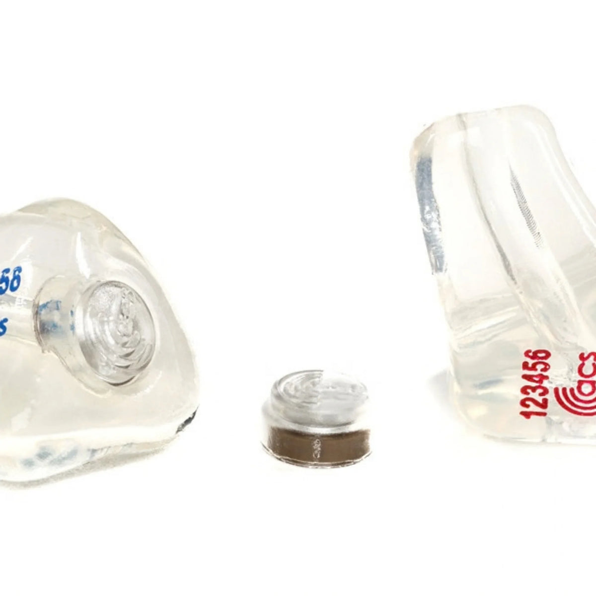 white custom earplugs with red and blue acs logo and white and brown filter