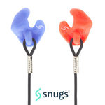 blue and red earplugs on a cord with "snugs" logo underneath