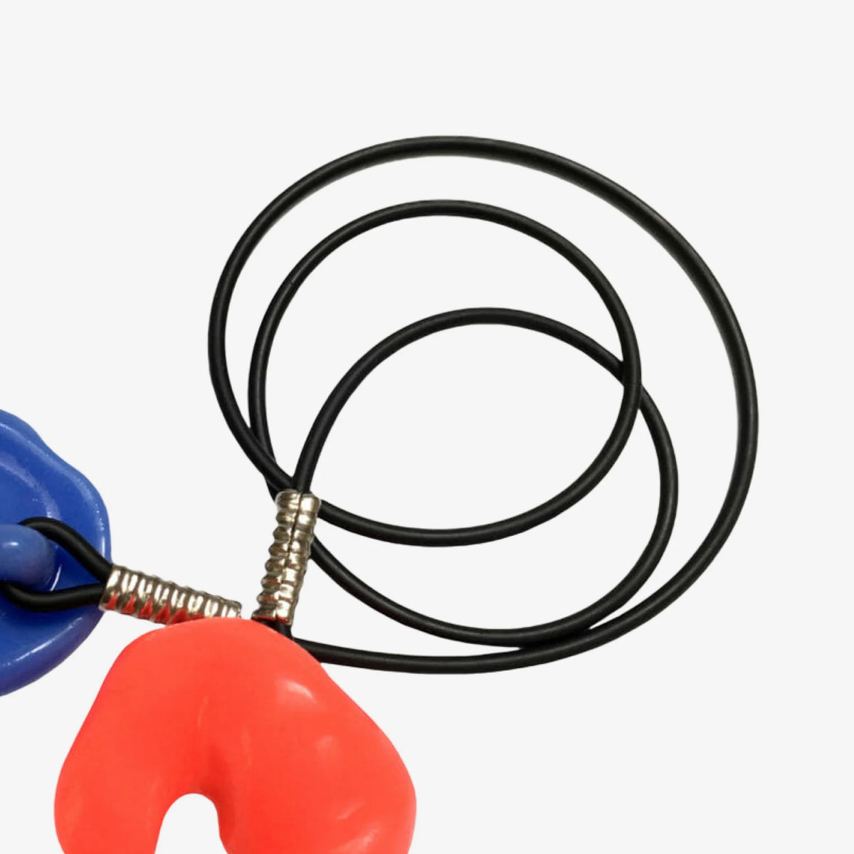 red and blue earplugs with black lanyard attached
