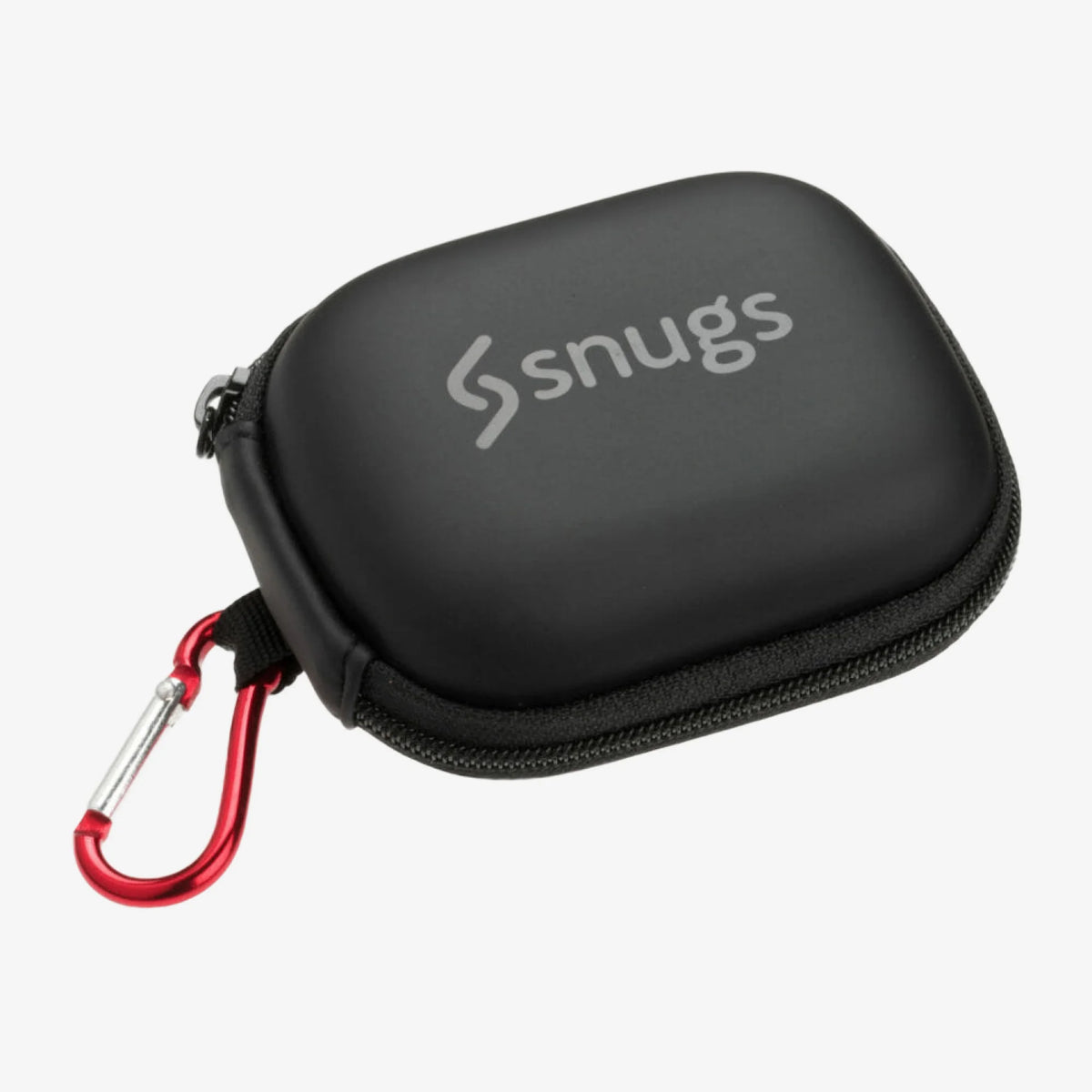 Black pouch with 'snugs' branding and a red carabiner on a white background