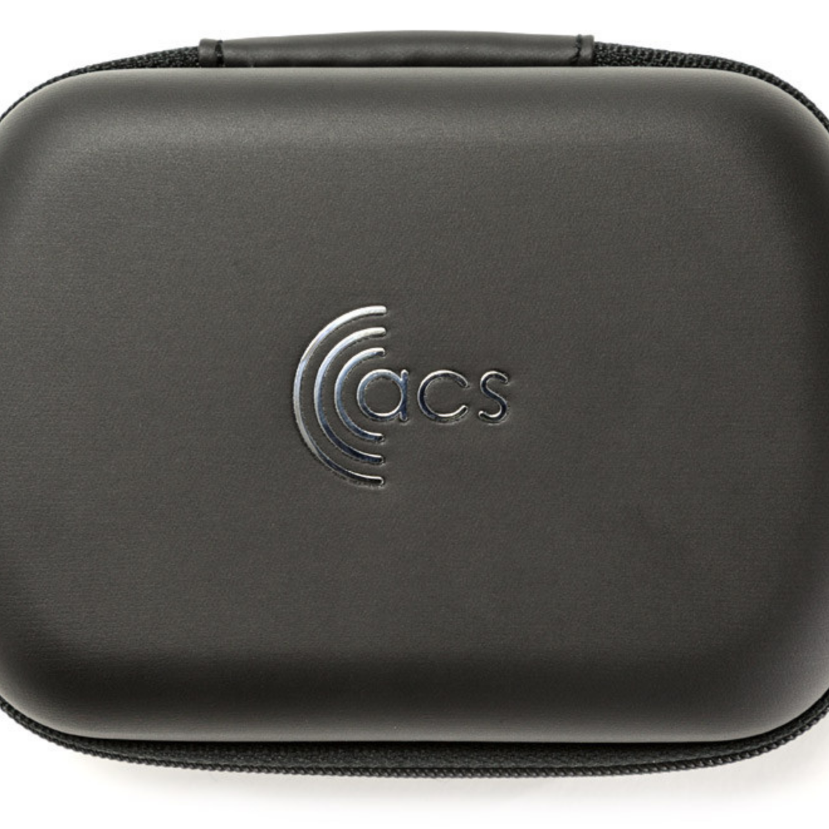 black acs zip pouch on white background. logo showing on front of pouch
