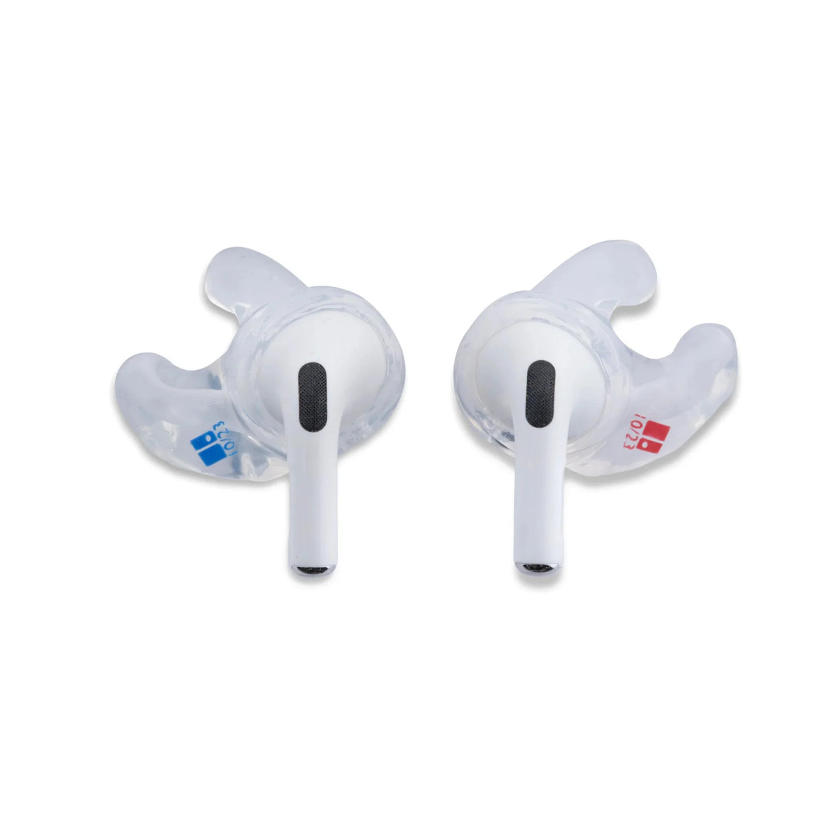 white airpod headphones in custom fit white earplugs on 