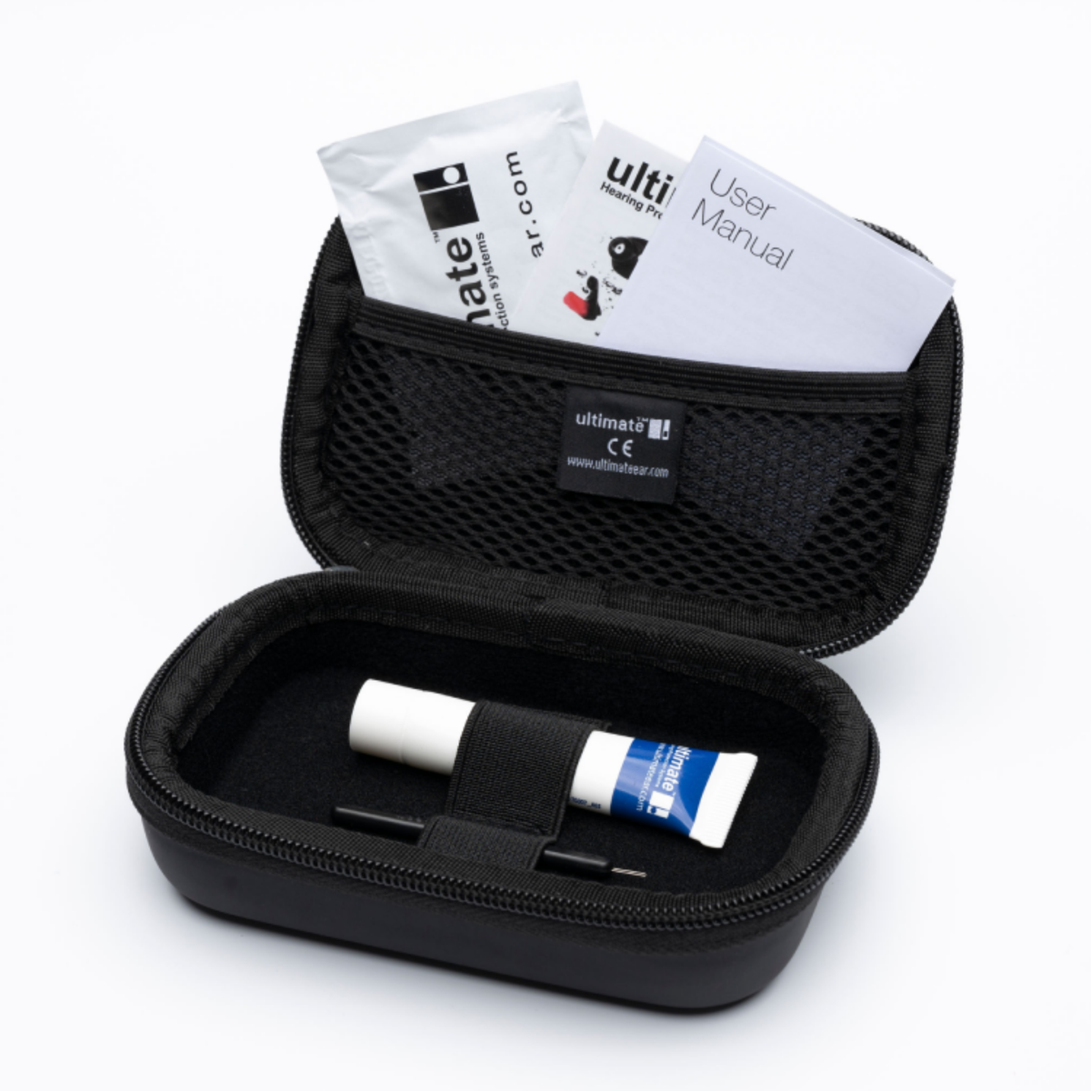 A black zippered carrying case shown open on a white background, containing a small white-and-blue tube, two black tools, and printed inserts including a user manual and a brand card.