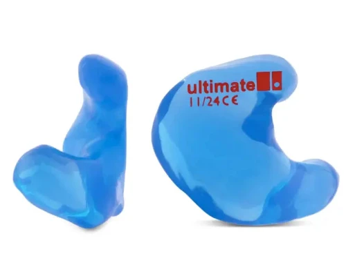 Blue earplugs with 'ultimate' branding on a white background