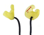 Yellow earplugs with black cords on a white background