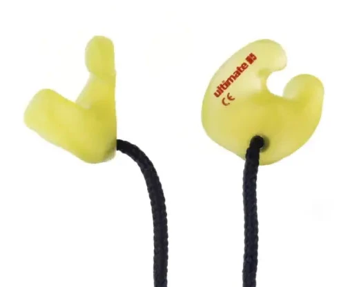 Yellow earplugs with black cords on a white background