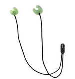 Green earbud headphones with a black cable on a white background