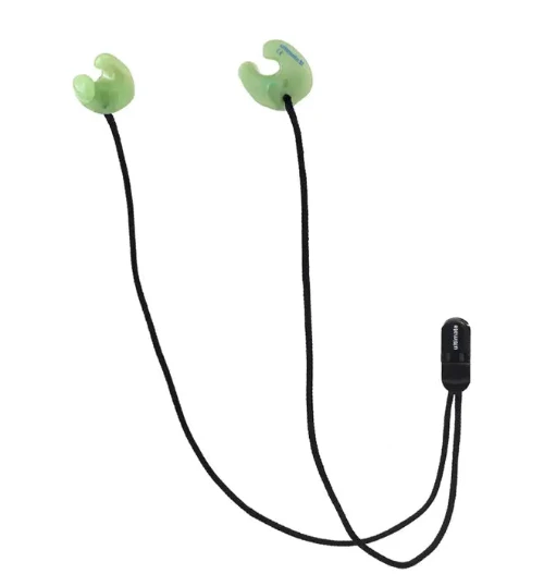 Green earbud headphones with a black cable on a white background