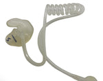 Clear earbud with coiled cable on a white background