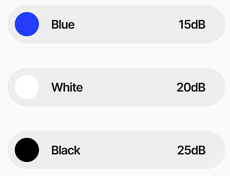 Three labeled sliders with blue, white, and black colors and corresponding decibel levels.