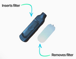 Illustration of a device with a filter being inserted and removed on a white background
