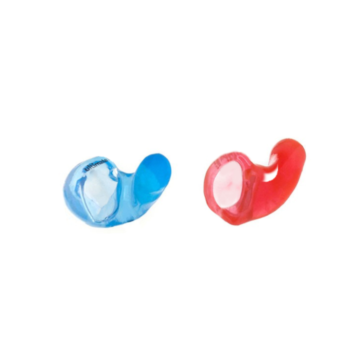 blue and red earplugs on white background