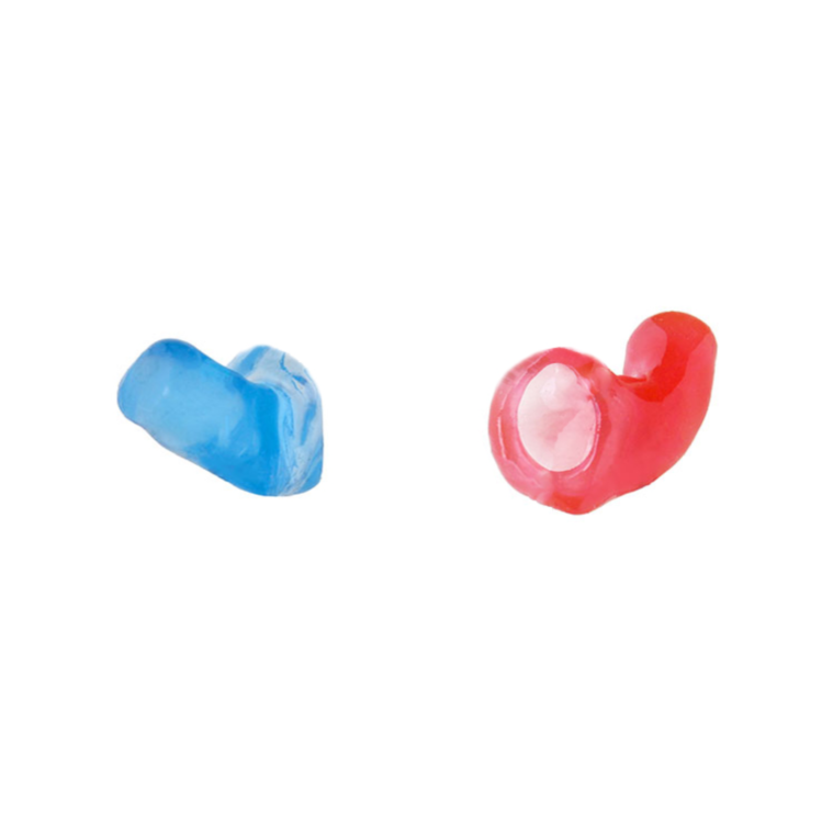 red and blue earplugs on white background